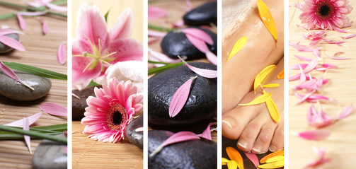 A spa massage collage of flowers, petals and lava stones
